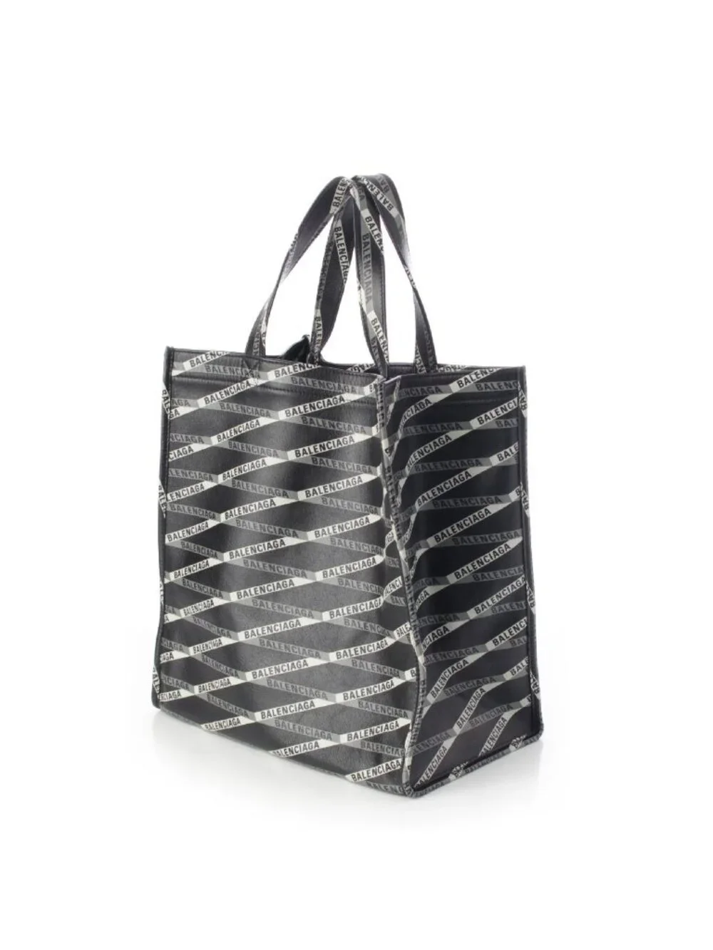 Balenciaga Calf Paper Leather Logo Striped All Over Pattern Tote Black